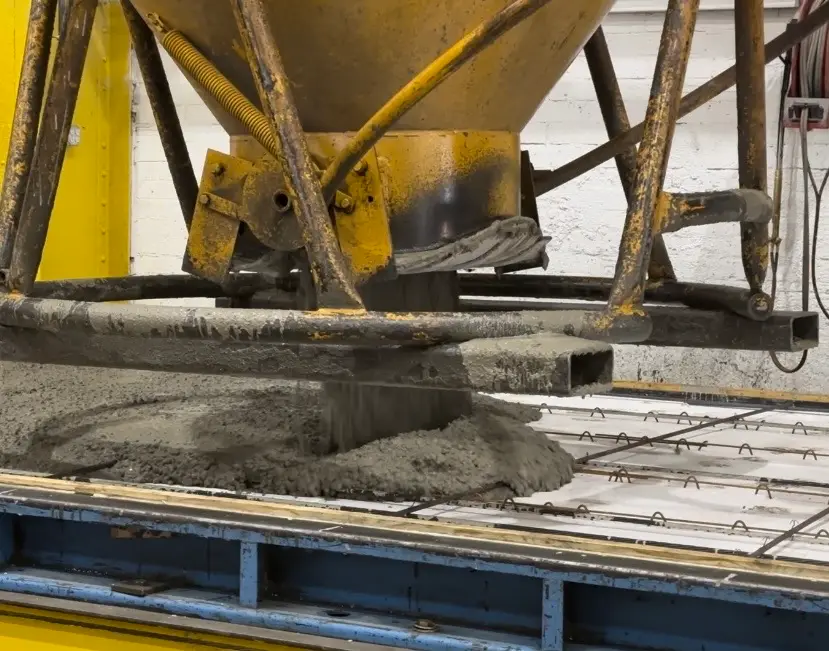 A concrete hopper discharging fresh concrete onto a reinforced form bed in the plant.